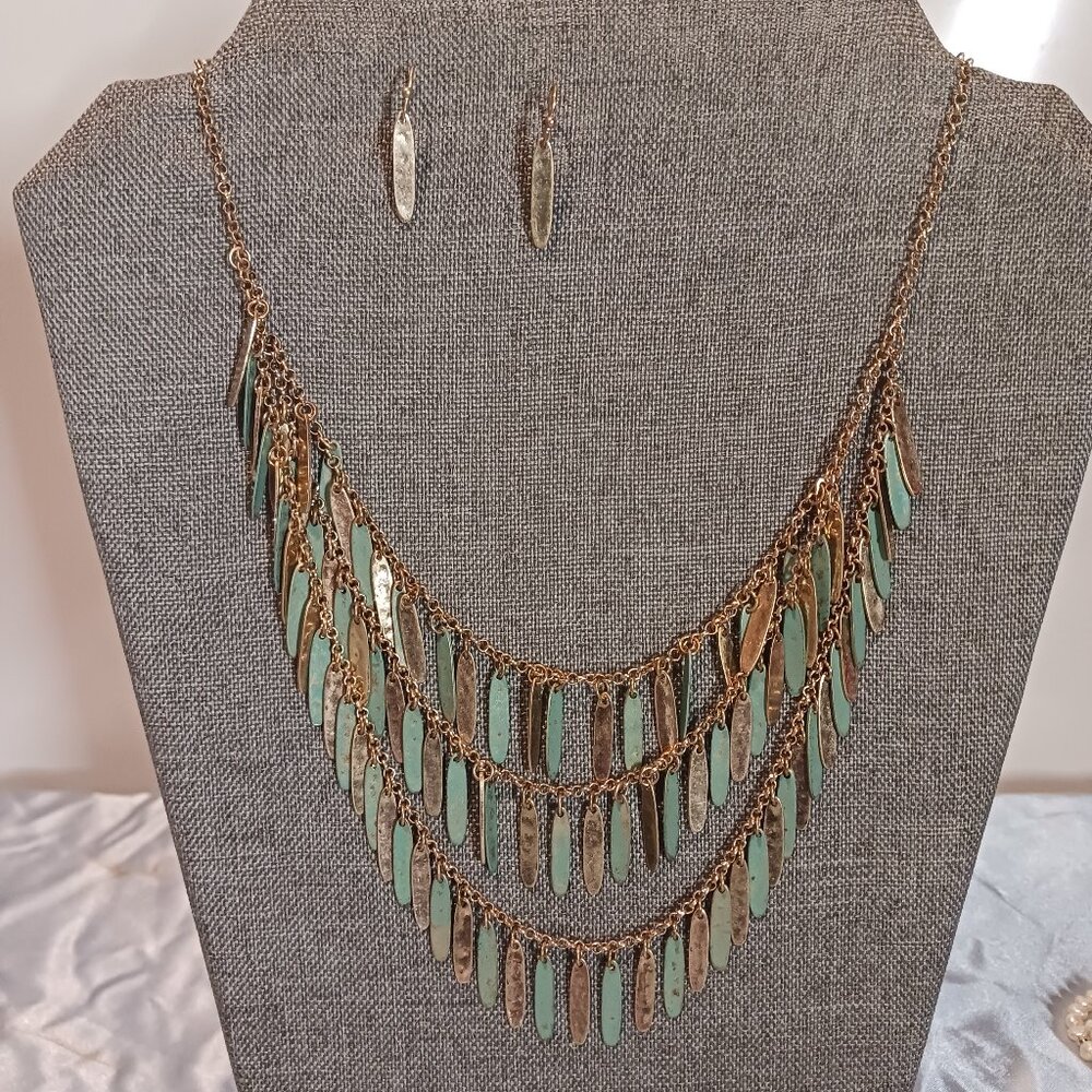 Gold Tone and Green Dangle 3 Strand Necklace and Earrings